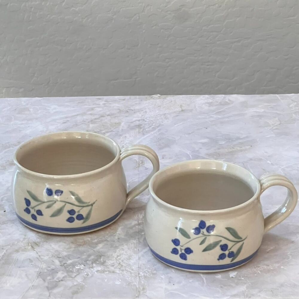 Hilltop Pottery Stoneware Soup Mugs Set of 2 3" Handmade Blueberry Hand Painted